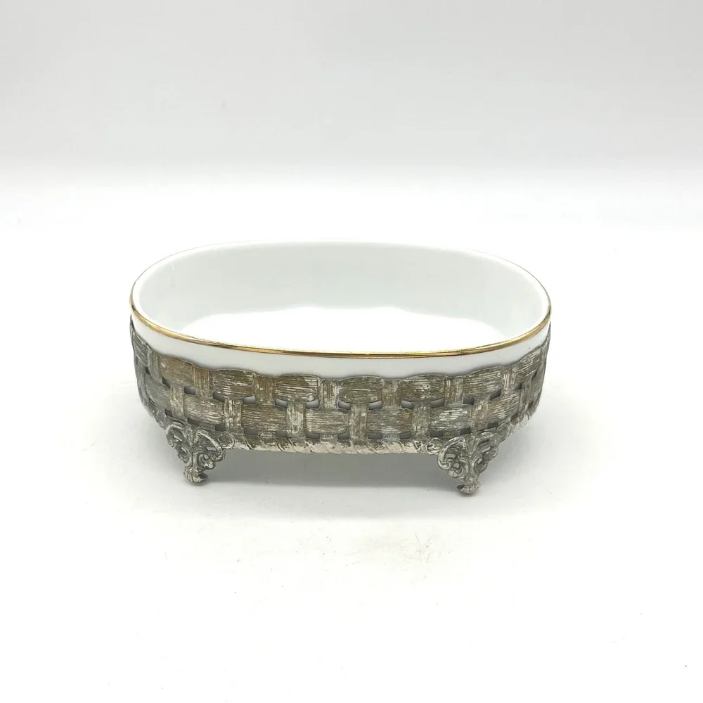 Vintage Oval Ceramic Soap Dish with Ornate Silver Metal Footed Basket